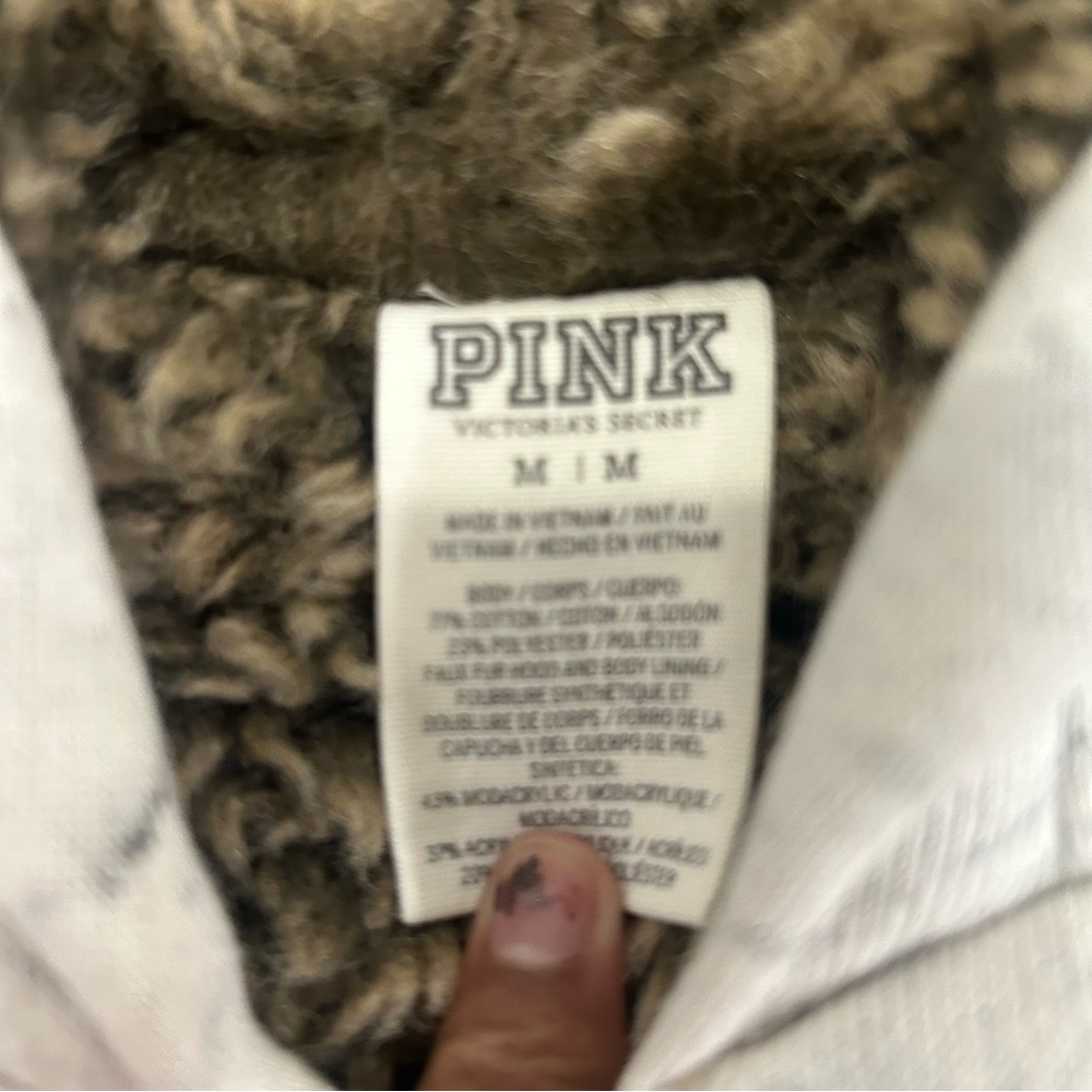 PINK Victoria's Secret Heathered White Hoodie with Black Sequin Logo - Picture 4 of 7